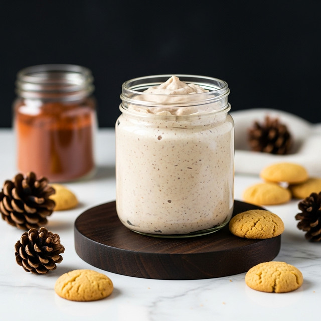 A clear glass jar filled with a creamy, light beige sauce speckled with tiny brown dots fills most of the frame, sitting on a round dark wooden coaster. Behind the jar, another smaller glass container holds a reddish-brown powder, while some small, golden-brown cookies and a pine cone are placed around the base in soft focus. The background is dark, with a surface changed to white marbled texture for the recipe image. The sauce looks smooth with a thick texture, almost reaching the jar's rim. Photo taken with an iphone --ar 4:5 --v 7