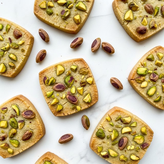The image shows several square-shaped cookies with a light golden color and a slightly soft texture, each studded with small pieces of green and brown pistachio nuts visible on the top and slightly inside the dough. The cookies are spread out on a soft white marbled surface, with some loose pistachio pieces scattered around them, giving a natural and fresh look to the arrangement. photo taken with an iphone --ar 4:5 --v 7