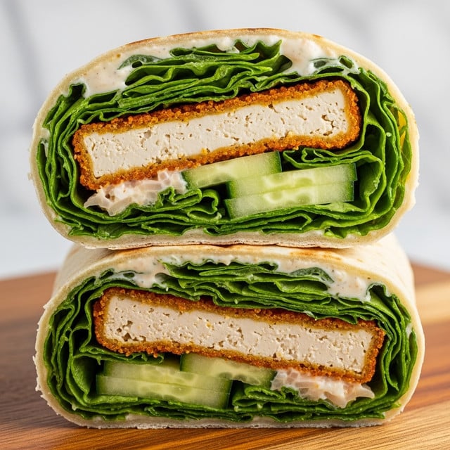 A close-up view of a wrap sliced in half, showing three layers inside: the outer soft, light beige flatbread wrapped around crispy golden-brown breaded tofu pieces on the left side, and a mix of fresh, bright green leafy lettuce with creamy white sauce on the right side. The wrap is placed on a wooden surface with another sandwich partially visible blurred in the background. photo taken with an iphone --ar 4:5 --v 7