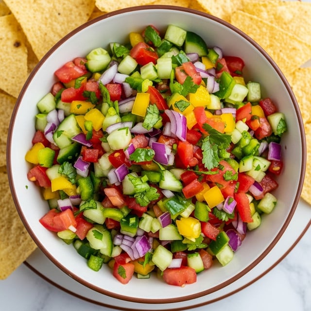 A white bowl with a brown rim is filled with a colorful mix of finely chopped vegetables including bright green cucumbers, red tomatoes, light green peppers, and small bits of purple onions, all mixed with fresh green herbs. Surrounding the bowl are light yellow tortilla chips that add a crunchy contrast to the fresh salsa inside. The scene is set on a white marbled background, enhancing the vibrant colors of the dish. Photo taken with an iphone --ar 4:5 --v 7