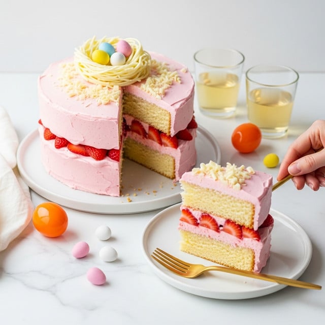 A two-layer round cake with light pink frosting covers the outside and top, sitting on a white textured plate. Inside, the cake has two thick light beige sponge layers separated by a middle layer of fresh red strawberry slices and pink cream. The top of the cake is decorated with white chocolate shavings arranged in a small nest shape, holding five pastel-colored candy eggs in yellow, white, pink, blue, and speckled brown. A single slice of cake is placed on a white plate to the right with a gold fork next to it. Around the cake are pastel Easter-themed decorations including small candy eggs, egg-shaped ornaments in pink, yellow, and white, and two clear glasses with a light drink, all set on a white marbled surface. photo taken with an iphone --ar 4:5 --v 7