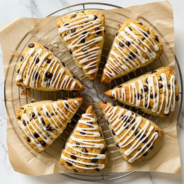 The image shows several triangle-shaped scones with a golden-brown crust, each sprinkled with dark chocolate chips throughout the light, flaky dough. The scones are arranged in a circle on a round wire rack lined with brown parchment paper. Each scone has thick white icing drizzled over the top in uneven stripes, adding a smooth texture contrast to the rough scone surface. The scene is set against a white marbled texture background, giving the photo a clean and bright look. photo taken with an iphone --ar 4:5 --v 7