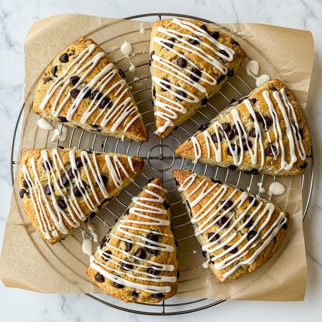 The image shows several golden brown scones with dark chocolate chips inside, arranged on a round cooling rack covered with brown parchment paper. Each scone is triangular with a slightly rough texture and has thick white icing drizzled in thick, uneven lines over the top, some icing dripping down the sides. The scones look fluffy and soft on the inside, with a crisp baked surface. The whole scene is set on a white marbled surface with soft natural light. photo taken with an iphone --ar 4:5 --v 7