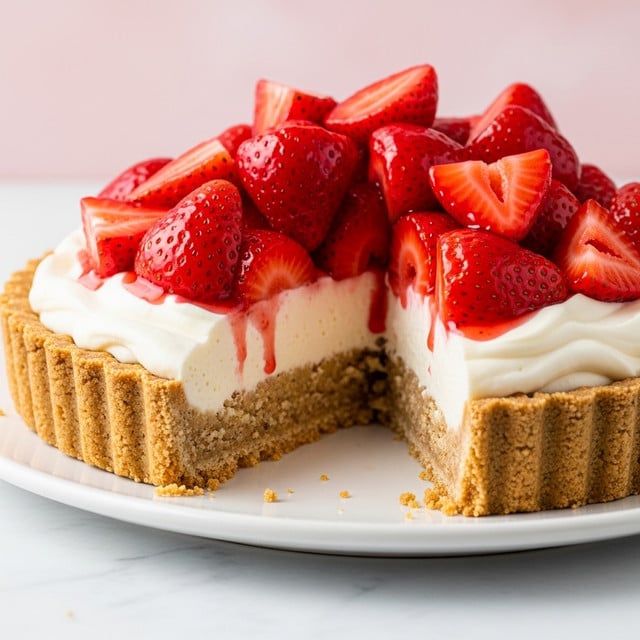 The image shows a tart with three layers. The bottom layer is a light tan, thick, crumbly crust with a ridged edge. On top of the crust is a smooth, creamy white layer that looks soft and thick. The top layer is a pile of glossy, cut strawberries in bright red with some darker red juice dripping down slightly. One slice of the tart is missing, showing a bit of the inside with crumbs on a white plate. The background is a soft pink with a white marbled surface under the plate. photo taken with an iphone --ar 4:5 --v 7