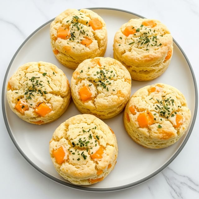 The image shows five golden, round cheese biscuit balls with a rough texture, scattered with green herbs on the surface. Each biscuit has a slightly uneven, bumpy shape with visible melted cheese spots that add a bright yellow-orange contrast to the light golden color of the dough. They are placed on a white plate with a slight gray rim, sitting on a white marbled surface. The background is soft and out of focus, emphasizing the warm, freshly baked biscuits in the front. photo taken with an iphone --ar 4:5 --v 7