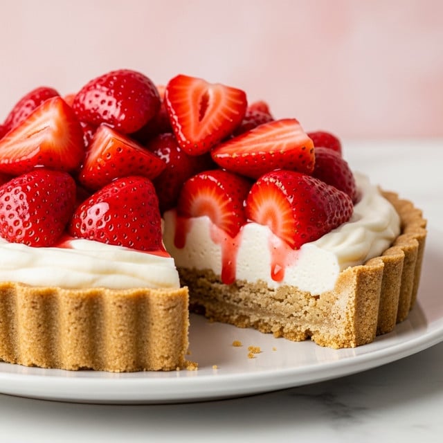 The image shows a strawberry tart on a white plate, sitting on a white marbled surface with a soft pink background. The tart has three visible layers: the bottom layer is a golden-brown, thick, crumbly crust with a slightly rough texture and straight edges; the middle layer is smooth and creamy white filling that fills the crust evenly; the top layer is a generous heap of fresh, glossy red strawberry halves and quarters piled high in the center, some with visible seeds and a shiny glaze that makes them look wet and juicy. A slice is cut out of the tart, revealing the three layers clearly and showing some crumbs on the plate. Photo taken with an iphone --ar 4:5 --v 7