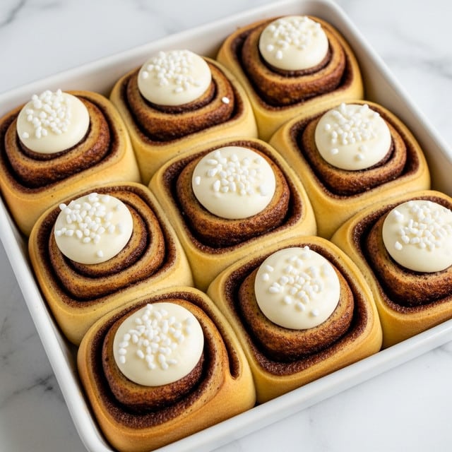 The image shows nine cinnamon rolls in a white square baking tray. Each roll has three visible layers: the outer golden brown dough, a dark brown cinnamon swirl in the middle, and white cream frosting on top, sprinkled with small white sugar crystals. The rolls are tightly packed, with the swirls facing up and the frosting neatly placed in the center of each roll. The tray is set on a white marbled surface. Photo taken with an iphone --ar 4:5 --v 7
