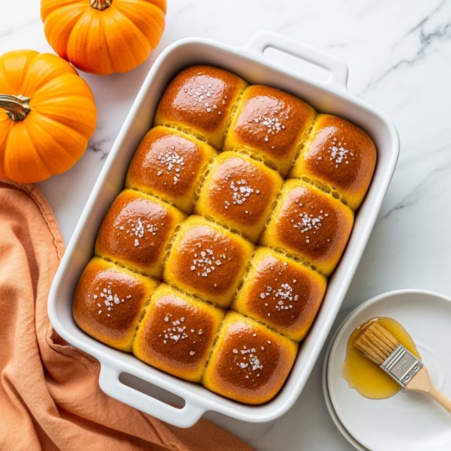 A white rectangular baking dish filled with 12 golden-brown, shiny soft bread rolls arranged in three rows and four columns, each roll square-shaped with a glossy top sprinkled lightly with salt flakes. The dish sits on a white marbled surface, surrounding it are two bright orange pumpkins to the top left, a peach-colored cloth in the bottom left corner, and a small white plate with a honey brush resting on it to the bottom right. The overall scene looks warm and inviting with natural light highlighting the texture of the rolls and the smooth glisten of the glaze. photo taken with an iphone --ar 4:5 --v 7