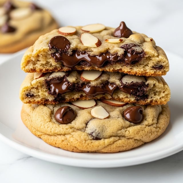 A close-up view of a small stack of chocolate chip cookies on a white plate, with one cookie broken in half leaning against the others. The cookies are light golden brown with a soft, slightly crumbly texture. Dark chocolate chips and sliced almonds are scattered throughout the cookies, some melted and some whole, adding a mix of smooth and crunchy textures. The background shows a white marbled surface softly blurred. photo taken with an iphone --ar 4:5 --v 7