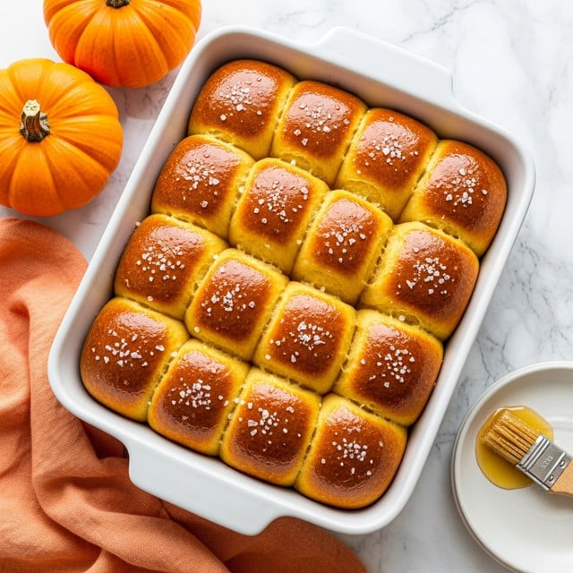 A white rectangular dish holds 12 shiny golden-brown dinner rolls arranged in a 3 by 4 grid, each roll smooth and slightly domed, with a soft texture visible at the edges where they touch. The tops glisten with a light coating of butter and have a few grains of coarse salt sprinkled on them. The dish sits on a white marbled surface beside two orange pumpkins on the left and a small round white plate with a small brush coated in melted butter on the right. A soft peach-colored cloth lies nearby, adding a warm tone to the scene. Photo taken with an iphone --ar 4:5 --v 7