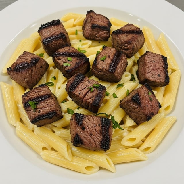 A white plate holds a creamy pasta made of penne noodles, arranged in a single thick layer covering the plate's base. On top, there are several medium-sized chunks of grilled beef steak, showing a dark brown seared crust with a slightly pink interior. The beef pieces are scattered mostly in the center, sprinkled lightly with green herbs. The background features a white marbled texture. Photo taken with an iphone --ar 4:5 --v 7