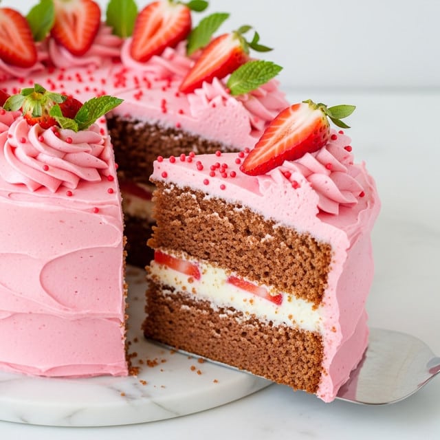 The image shows a slice of layered cake with two thick layers of moist, reddish-brown sponge separated by a smooth, light pink cream filling. The outside of the cake is covered in a smooth, even layer of the same light pink cream. The top of the cake is decorated with swirls of pale pink frosting, small red candy sprinkles, fresh red strawberry slices, and a few small green mint leaves. The cake slice is held by a silver cake server against a white marbled background, with a white plate visible beneath. photo taken with an iphone --ar 4:5 --v 7