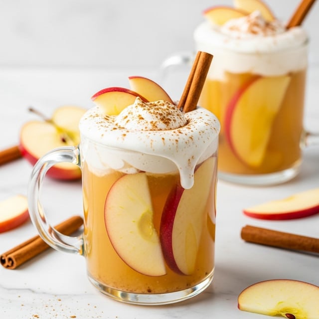 Two clear glass mugs filled with a warm golden liquid containing thin slices of red and white apple pieces floating inside. Each mug has a large swirl of white whipped cream on top, dusted lightly with brown cinnamon powder. A whole cinnamon stick is inserted upright into the drink, leaning slightly out of the mug. The mugs rest on a white marbled surface with some sliced apples and cinnamon sticks scattered around, and a blurred red apple is visible in the light background. Photo taken with an iphone --ar 4:5 --v 7
