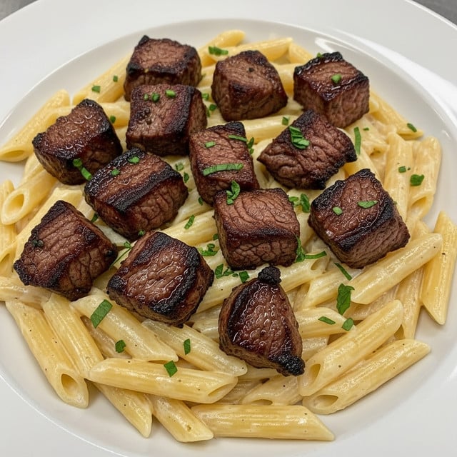 A white plate filled with a bed of creamypenne pasta that is smooth and slightly glossy, topped with several chunks of grilled steak cubes that are browned on the outside and tender inside, garnished with small green herb pieces scattered over the steak and pasta; the pasta forms the bottom layer, and the steak cubes are placed on top in an even spread. photo taken with an iphone --ar 4:5 --v 7