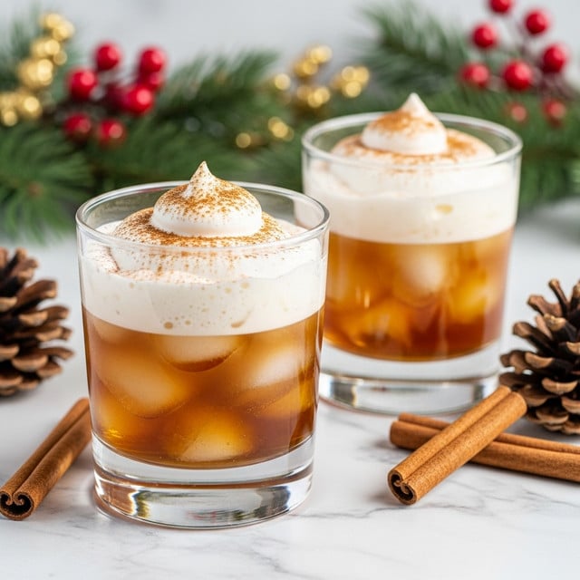 The image shows two short clear glasses filled with a drink that has three layers: a bottom layer of deep amber to light brown liquid with crushed ice, a middle layer of white foamy crema, and a top layer of white whipped cream sprinkled with light brown cinnamon powder. The glasses are placed on a white marbled surface along with a couple of cinnamon sticks and a pine cone close by, and some green pine branches with red and gold berries decorate the blurred background. Photo taken with an iphone --ar 4:5 --v 7