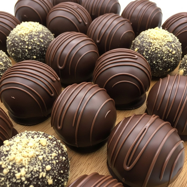 This image shows many round chocolate-covered treats arranged closely on a wooden surface, each about the same size. Some chocolates have smooth, shiny dark chocolate coating while others are decorated with thin chocolate drizzle lines running across the top, adding texture. A few treats are topped with a sprinkle of light, crumbly bits, giving a contrast to the dark smooth chocolate. The chocolates have a glossy finish and subtle highlights, showing their rich texture. The overall feeling is neat and inviting, perfect for a chocolate lover. photo taken with an iphone --ar 4:5 --v 7