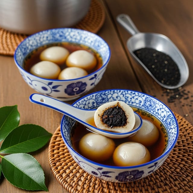 Two white bowls with blue patterns hold a clear brown soup with three smooth white dumplings floating in each. One white spoon, resting on a bowl, holds a dumpling cut in half showing a dark, textured filling inside. Both bowls sit on a round woven mat on a wooden surface, with a metal pot blurred in the background and a metal scoop filled with black seeds next to the bowls. A few green leaves are placed on the bottom left corner. The photo has a warm, cozy feel. Photo taken with an iphone --ar 4:5 --v 7