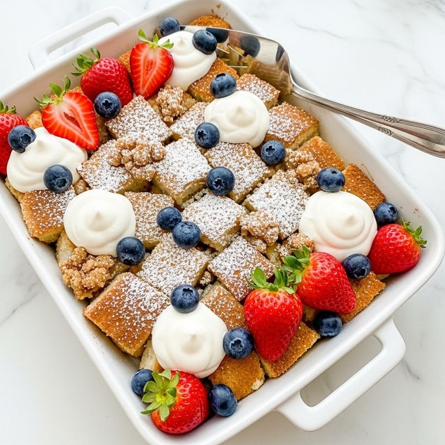 A white rectangular dish contains a bread pudding made of golden brown, toasted bread cubes spread evenly in one layer. On top, there are dollops of white cream and scattered blueberry and red strawberry pieces, some whole and some sliced. Crumbled nuts and powdered sugar dust lightly cover the surface, adding texture and contrast. A silver serving spatula rests at the top right corner of the dish, and a few blueberries and strawberries sit around the dish on a white marbled surface. photo taken with an iphone --ar 4:5 --v 7