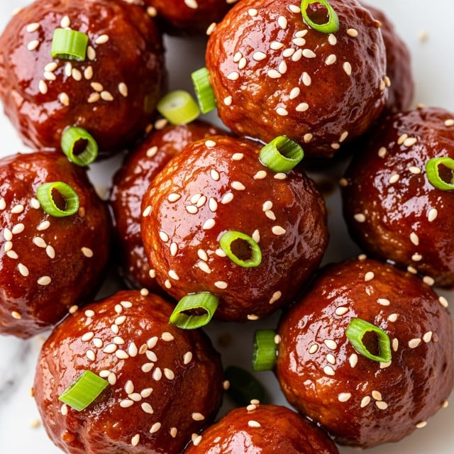 Close-up view of many shiny brown meatballs coated in a thick, glossy sauce. Each meatball is topped with small white sesame seeds scattered around and some pieces of chopped green onion. The meatballs have a smooth but slightly textured surface, showing a rich, appetizing glaze. The background shows a white marbled texture. photo taken with an iphone --ar 4:5 --v 7