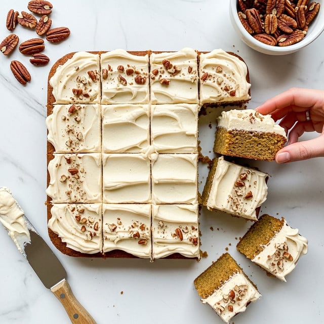 A square cake cut into 16 pieces is shown from above on a white marbled surface with a piece lifted by a woman's hand. The cake has two layers: a moist, golden-brown layer at the bottom and a thick layer of creamy, off-white frosting on top with a smooth texture and some swirls. Small bits of light brown nuts are scattered on the frosting. Around the cake, there are pecan nuts in a white bowl on the upper right and spread pieces. A wooden spreader with some frosting is placed on the lower left corner. photo taken with an iphone --ar 4:5 --v 7