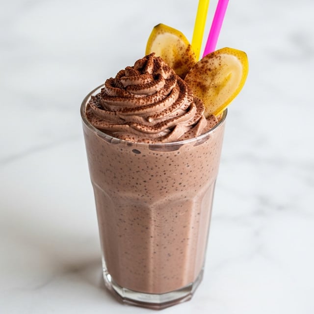 A clear tall glass is filled with a smooth, thick milkshake that is light brown in color and has small specks throughout, showing its chocolate flavor. The milkshake almost reaches the rim of the glass, topped with a thick swirl of whipped chocolate cream dusted with cocoa powder. Two banana slices, pale yellow with soft textures, rest on the edge of the glass. There are also two colorful straws, one pink and one yellow, sticking out from the whipped cream. The glass sits on a white marbled surface, and the background is softly blurred with warm light. photo taken with an iphone --ar 4:5 --v 7