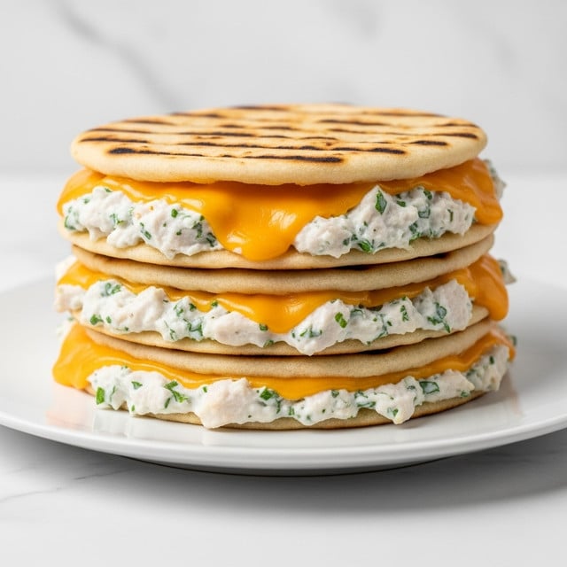 The image shows a stack of three layers of crispy golden-brown quesadillas filled with a creamy white chicken mixture and melted orange cheddar cheese, with bits of green herbs mixed in. Each quesadilla layer looks thick and folded, with the cheese melting slightly into the filling and the edges browned and crunchy. The stack is placed on a simple white plate, sitting on a white marbled surface, creating a clean and bright visual focus on the food. Photo taken with an iphone --ar 4:5 --v 7