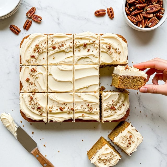 A square pumpkin cake is cut into 16 equal pieces arranged neatly on a white marbled surface. Each piece has two visible layers: a moist, dense orange-brown cake base, topped with a thick, creamy, white frosting layer, slightly swirled and sprinkled with small pieces of chopped pecans. One piece is lifted slightly on the top right side, revealing the soft cake texture inside. Nearby, there is a small white bowl with more creamy frosting and a rustic white bowl filled with whole pecans. A wooden spoon with some frosting rests at the lower left corner. The setting is bright and clean, showcasing the rich textures and warm colors of the dessert. photo taken with an iphone --ar 4:5 --v 7