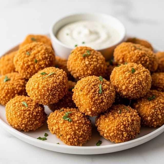A white plate filled with a pile of golden brown, crispy fried chicken nuggets with a crunchy texture on the outside. Near the back of the plate is a small white bowl filled with creamy white dipping sauce. The chicken nuggets are uneven in shape but all have a breaded, textured coating with some small green herb garnish scattered lightly around. The plate sits on a white marbled surface. photo taken with an iphone --ar 4:5 --v 7