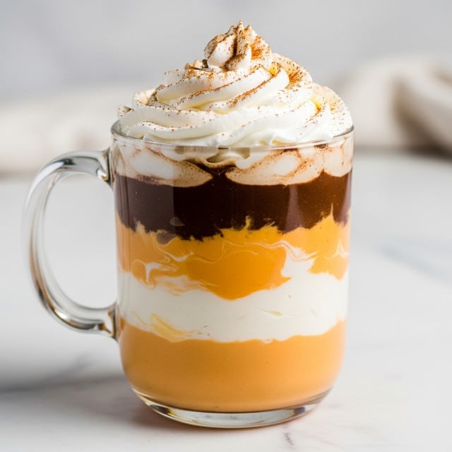 A clear glass mug holds a layered drink with five visible layers, resting on a white marbled surface. The bottom layer is a thick, smooth bright orange. Above it is a white creamy layer, followed by another orange layer. Next is a dark brown layer that sits on top of a white layer close to the top. The drink is topped with a large swirl of white whipped cream sprinkled with a light dusting of brown cinnamon or spice. The background is softly blurred with warm tones. photo taken with an iphone --ar 4:5 --v 7