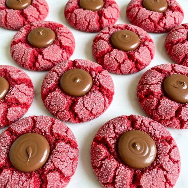 The image shows a close-up of multiple red cookies arranged neatly on a white marbled surface. Each cookie has a cracked texture on the top, with a shiny, smooth round milk chocolate piece placed in the center. The cookies have a slightly rough, sugary coating and are uniform in size and shape, filling the frame evenly. photo taken with an iphone --ar 4:5 --v 7
