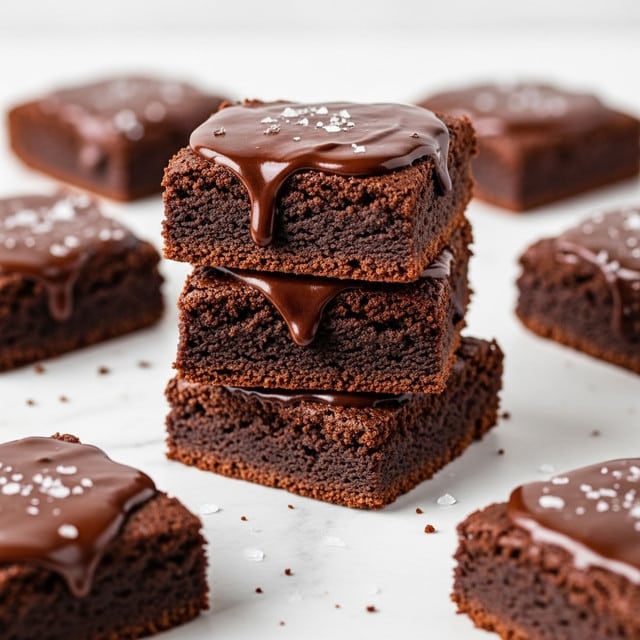 The image shows a stack of three thick, rich dark brown brownies with a moist and slightly crumbly texture. Each brownie has a smooth layer of glossy, melted chocolate drizzled on top, adding a shiny contrast to the matte cake surface. The brownies are square-shaped and arranged one on top of the other in the center of a white marbled surface, with more brownies scattered blurred in the background. Small grains of white salt are sprinkled lightly on the chocolate topping, adding texture and detail. Photo taken with an iphone --ar 4:5 --v 7