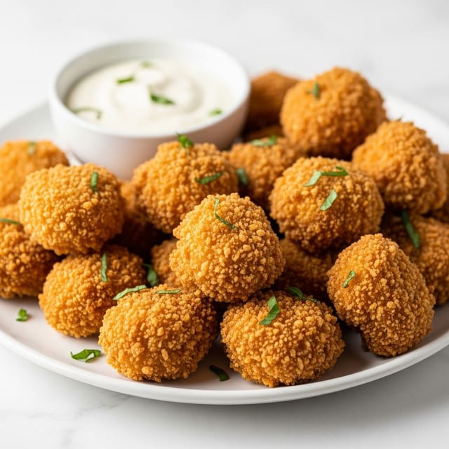 A white plate filled with many golden brown, crispy breaded chicken nuggets that look crunchy and well fried. The nuggets vary in shape but are mostly small, thick chunks with a coarse, crumbly texture on the outside. In the background, there is a white ramekin filled with a smooth, creamy white dipping sauce. The plate and ramekin are set on a white marbled surface, giving a clean and bright look. photo taken with an iphone --ar 4:5 --v 7