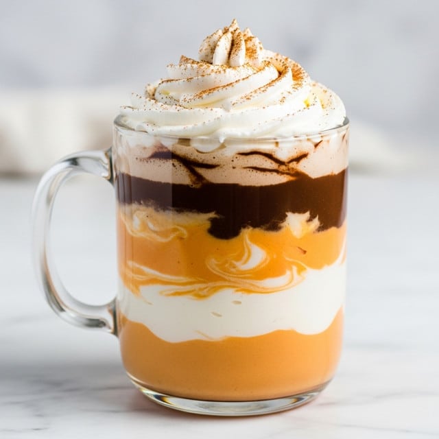 A clear glass mug is filled with multiple layers of creamy textures starting at the bottom with a thick, smooth orange layer, followed by a white creamy layer, then another orange layer with swirling patterns blending slightly into the white beneath it, topped with a dark brown layer that forms a straight edge near the top. Above this, a generous swirl of white whipped cream reaches high, sprinkled lightly with brown cinnamon powder. The mug sits on a white marbled surface with a soft, blurred background. photo taken with an iphone --ar 4:5 --v 7