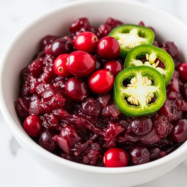 A close-up view of a white bowl filled with a chunky, dark red cranberry sauce mixed with small pieces of cooked onion. On top of the sauce, there are several whole, bright red cranberries and a few slices of fresh green jalapeño peppers with visible seeds. The sauce has a glossy, slightly wet texture, and the bowl is set against a white marbled surface. The photo has rich, natural colors with sharp details on the textures of the sauce and jalapeños. photo taken with an iphone --ar 4:5 --v 7