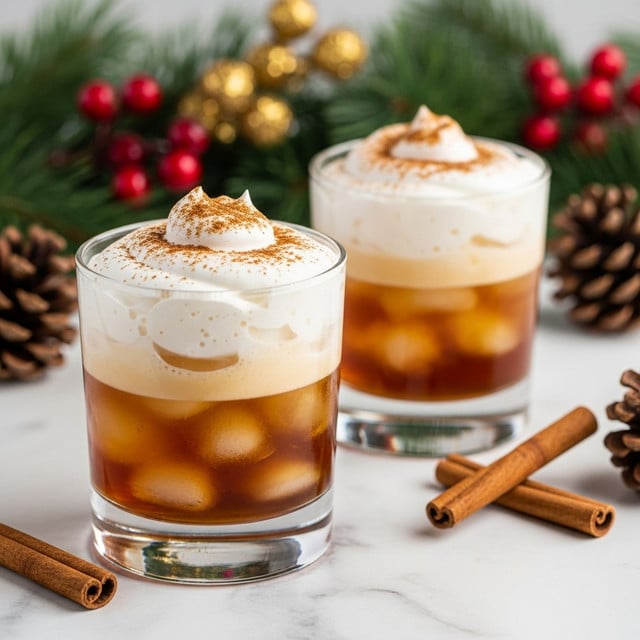 Two clear glasses filled with three layers of drink are shown on a white marbled surface. The bottom layer is a dark amber liquid, the middle layer is a lighter amber foam with bubbles, and the top layer is a thick white whipped cream sprinkled with light brown cinnamon powder. One glass is in the front center, with the second glass blurred in the background to the right. Around the glasses, there are cinnamon sticks and a pine cone, with blurred green pine branches decorated with small red and gold ornaments on the left side. photo taken with an iphone --ar 4:5 --v 7