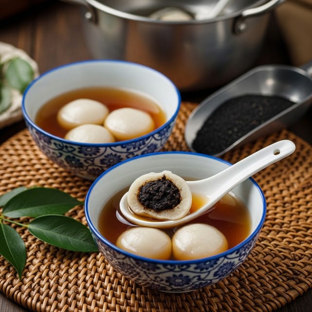 A close-up shows two white bowls with blue patterns around the rims, each filled with a clear brown broth and three smooth, round white dumplings floating in it. A white spoon holding one dumpling cut open reveals a black sesame filling inside with a slightly sticky texture. The bowls sit on a woven round mat on a wooden table, with a small metal bowl filled with black sesame seeds nearby. A green leaf lies partially in the corner of the frame. Photo taken with an iphone --ar 4:5 --v 7
