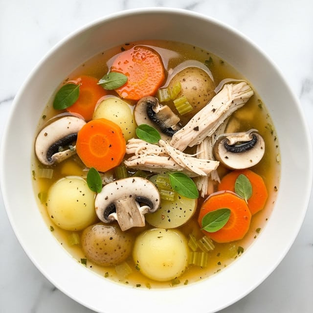 The image shows a white bowl filled with a clear broth soup containing slices of orange carrots, halved baby potatoes, chunks of light brown mushrooms with dark centers, and pieces of shredded light-colored chicken. Small green herb leaves are scattered on top, adding color and texture to the soup, which sits on a white marbled surface. The broth appears warm and slightly oily, with bits of celery and seasonings mixed throughout. photo taken with an iphone --ar 4:5 --v 7