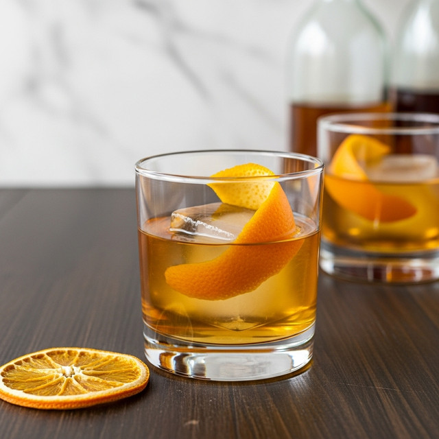 A clear glass filled with a golden-brown liquid sits on a dark wooden surface with a white marbled texture in the background. Inside the glass, there is a large transparent ice cube topped with a bright orange citrus peel curled elegantly on top. In the foreground, there is a slice of dried orange resting flat on the surface. Behind the main glass, there is another clear glass with a similar drink, also garnished with an orange peel, and blurred bottles, adding a cozy atmosphere. Photo taken with an iphone --ar 4:5 --v 7