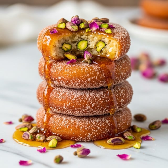 A stack of four round, golden-brown fried cakes covered in granulated sugar is placed on a white marbled surface. The top cake is partially eaten, showing a moist, light beige interior with chopped green pistachios inside, topped with whole pistachios and small pink rose petals. Thick amber honey drizzles down the side, pooling at the base and surrounding the cakes, with scattered pink rose petals and chopped pistachios on the surface. The background is softly blurred with warm tones. Photo taken with an iphone --ar 4:5 --v 7