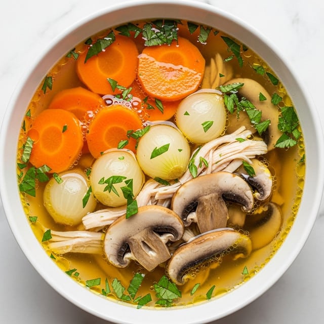 The image shows a white bowl filled with clear broth soup containing several layers of ingredients. The top layer has light green sprigs of fresh herbs scattered over the surface. Beneath the herbs, there are slices of bright orange carrots, whole small pearl onions in pale yellow, and tan to light brown mushroom pieces with darker brown gills. The broth is golden and slightly oily with small bubbles floating on top. Pieces of light brown shredded chicken are visible between the vegetables. The bowl is set on a white marbled surface. photo taken with an iphone --ar 4:5 --v 7