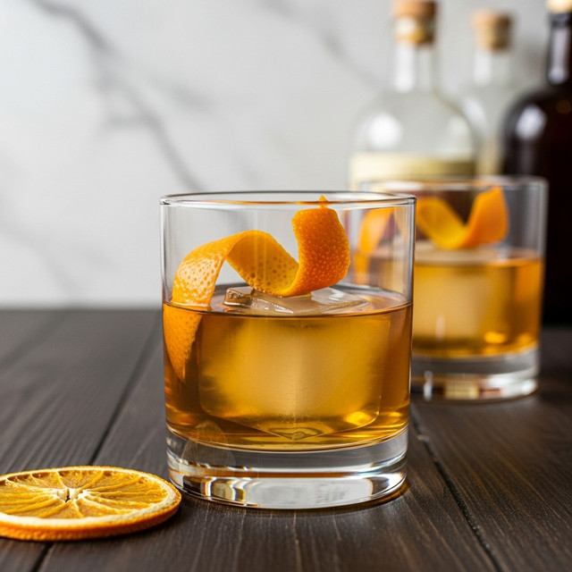 A clear glass holds a light amber drink with a large clear ice cube at the center, topped with a bright orange twist peel resting on the ice. The glass sits on a dark wooden surface with a slice of dried orange in front and some cinnamon sticks to the side. In the background, another glass with a similar drink and ice cube is slightly out of focus, along with blurred bottles. The scene is lit warmly, highlighting the condensation on the glass and the rich colors within. Photo taken with an iphone --ar 4:5 --v 7