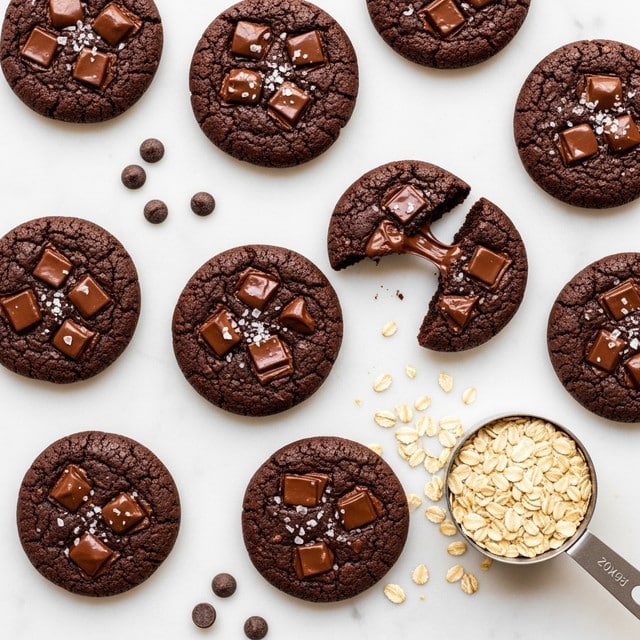The image shows several dark chocolate cookies spread out on a white marbled surface. Each cookie is thick with a rough texture, showing melting dark chocolate chunks embedded on the top, creating shiny, smooth spots. Some cookies are whole, while one is broken in half, showing the soft inside. Coarse salt crystals sprinkle over the cookies, adding small white highlights. In the bottom right corner, there is a white cup filled with light beige rolled oats, some scattered lightly around it. A few loose chocolate chips are also scattered on the surface, enhancing the chocolate theme of the scene. Photo taken with an iphone --ar 4:5 --v 7