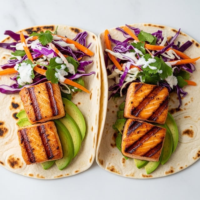 Two grilled salmon tacos rest on a white plate with visible char marks on the soft flour tortillas as the base layer. On each tortilla, there is a layer of thin, long green avocado slices placed close to the bottom edge. Above the avocado is a fresh, colorful slaw made of shredded purple cabbage, orange carrots, and green cilantro leaves, mixed with a light creamy dressing giving a shiny texture. Three square pieces of well-seasoned, golden-brown grilled salmon are stacked on top toward the center, with some small crispy crusts visible. Fresh green cilantro leaves are scattered on the slaw, adding a pop of green. The plate sits on a white marbled surface. Photo taken with an iphone --ar 4:5 --v 7