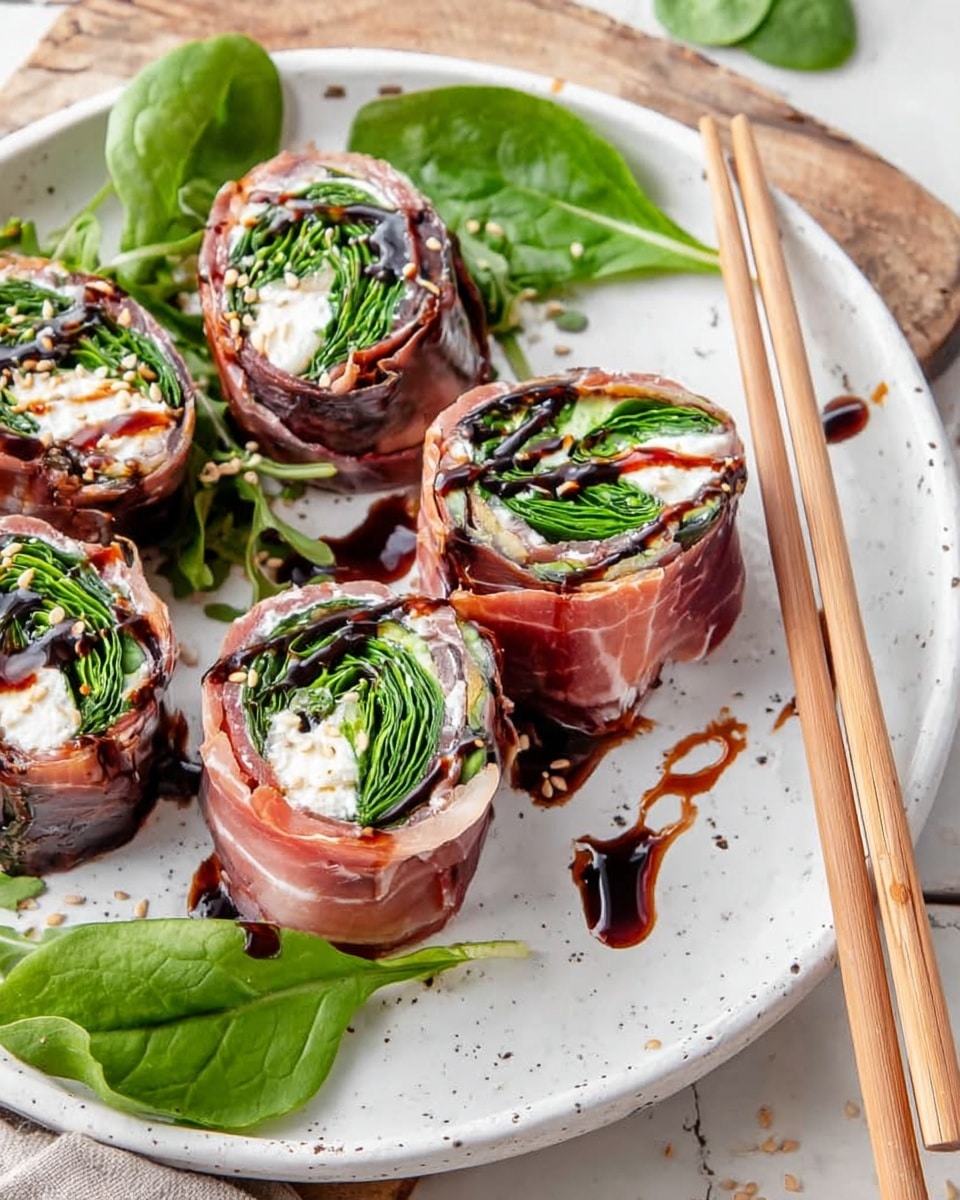 The image shows four rolled sushi-like bites arranged closely on a white plate with a speckled design. Each roll has a thin outer layer of pinkish cured meat wrapped tightly around fresh dark green leafy lettuce. Inside, there is a thick white creamy cheese layer with a soft texture, crowned with bits of sun-dried tomatoes and drizzled with a dark brown balsamic glaze. The plate is garnished with extra leafy greens, and a pair of wooden chopsticks rest on the edge of the plate. The scene is set on a white marbled surface with some scattered coarse salt sprinkled around. Photo taken with an iphone --ar 4:5 --v 7