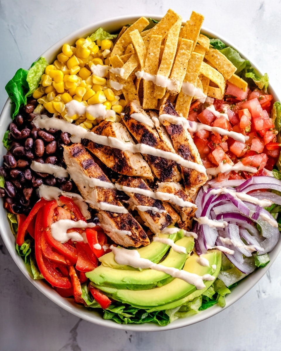 A white bowl is filled with a colorful layered salad sitting on a white marbled surface. The base layer is dark green lettuce leaves covering the bottom. In the center is a thick layer of grilled chicken breast with char lines, topped with light pink creamy sauce drizzled across. Surrounding the chicken, there are fresh chopped red tomatoes on the top left, green avocado slices with sauce on top near the top right, thin golden crispy tortilla strips on the right center, bright red bell pepper strips to the bottom right, black beans mixed in near the bottom center, and yellow corn kernels on the bottom left. Thin rings of purple onion are scattered near the upper right edge. The salad is garnished with a wedge of green lime placed near the bottom left edge. Photo taken with an iphone --ar 4:5 --v 7