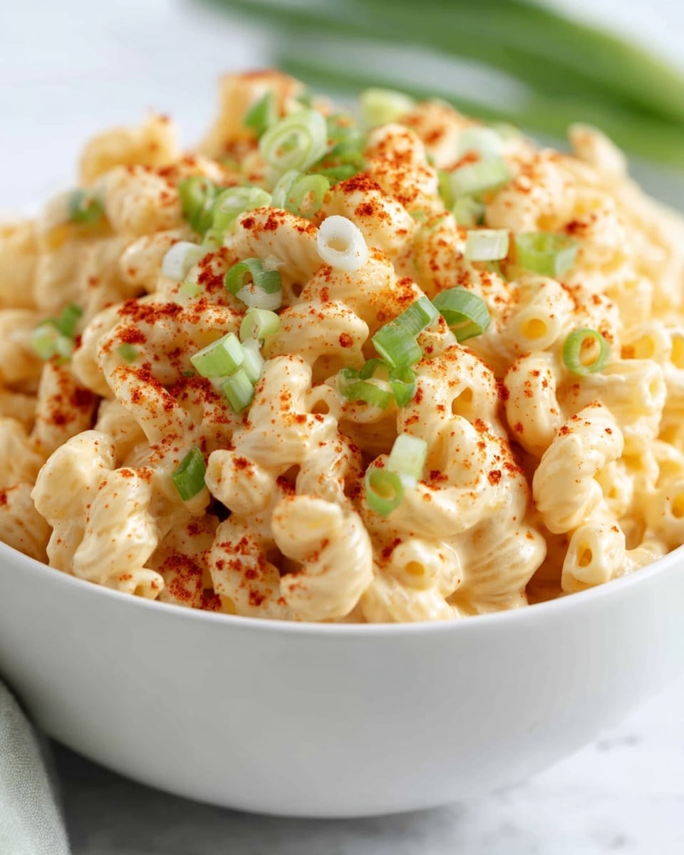 The image shows a close-up of a white bowl filled with creamy macaroni salad made from elbow-shaped pasta. The pasta is coated in a smooth, pale yellow sauce, likely cheese or dressing. Small green pieces of chopped scallions are scattered evenly on top along with a light dusting of red paprika powder, adding color contrast. The bowl sits on a white marbled surface, and the focus is tight on the textured pasta and toppings, showing the creaminess and slight gloss of the sauce. Photo taken with an iphone --ar 4:5 --v 7