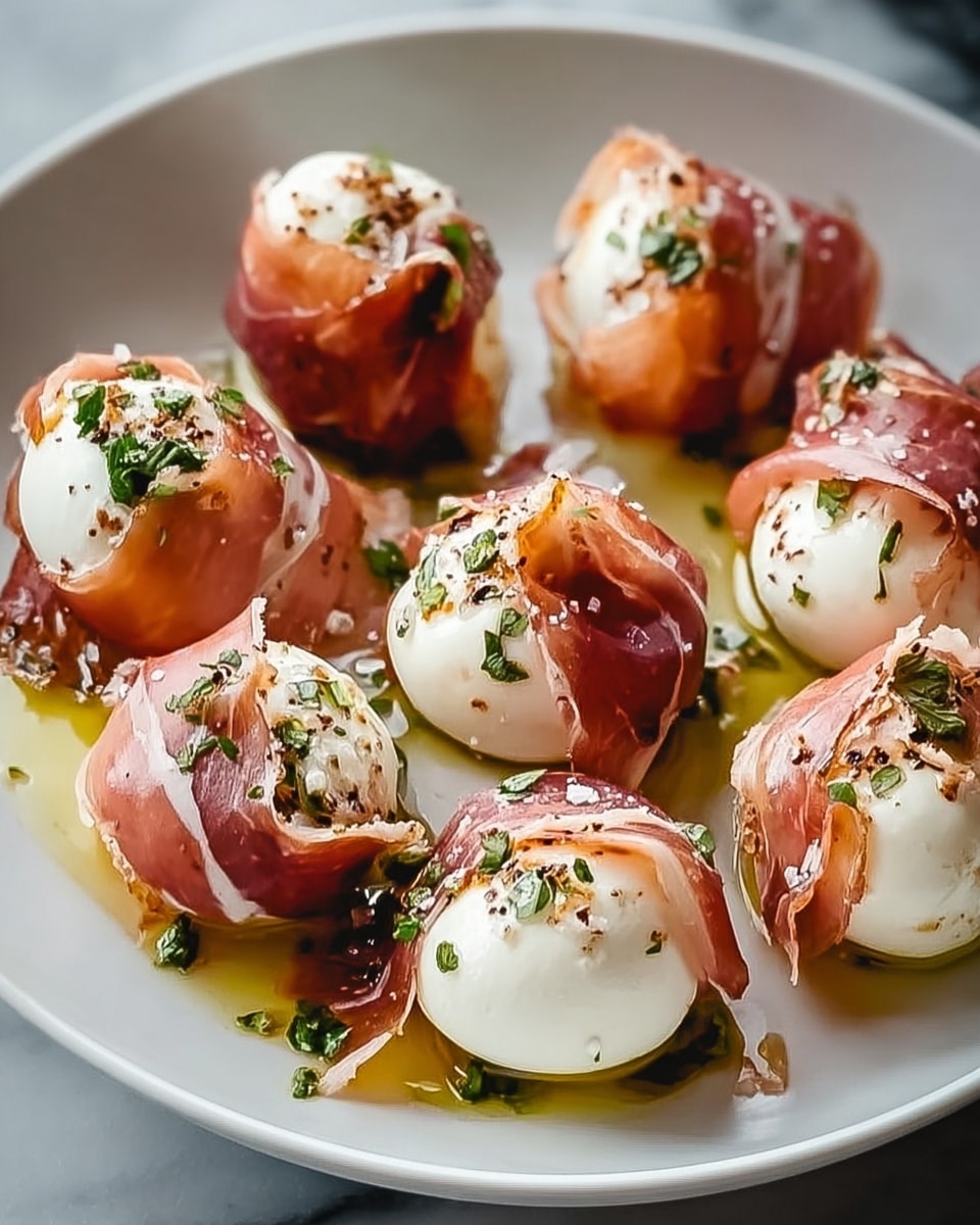 A white plate holding eight pieces of food, each made of a round, smooth white cheese ball wrapped in thin, folded slices of dark pink cured meat with white fat stripes; the cheese balls are topped with a sprinkle of green herbs and small brown toasted bits, and the plate is drizzled with golden olive oil, all placed on a white marbled surface. photo taken with an iphone --ar 4:5 --v 7