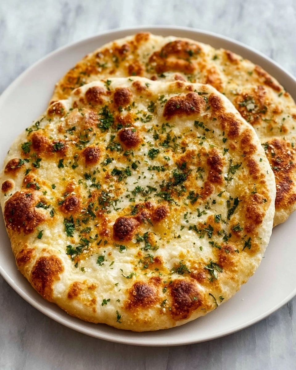 Two pieces of round, golden baked flatbread are stacked on a white plate. The top flatbread shows a fluffy, lightly charred surface with small browned spots and sprinkles of green herbs. The texture looks soft and airy with a slightly crispy edge. The background is a white marbled surface. photo taken with an iphone --ar 4:5 --v 7