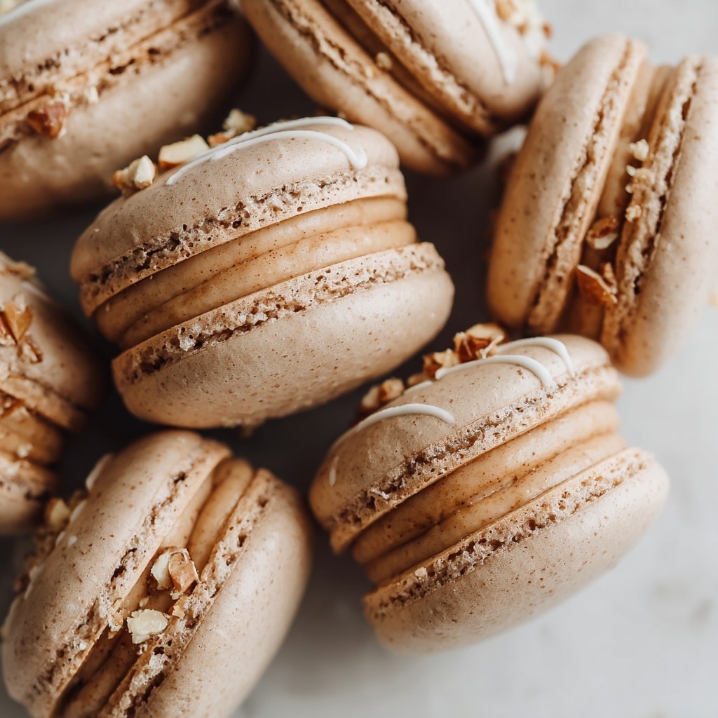 The image shows a close-up of several light brown macarons arranged closely together on a white marbled surface. Each macaron has two smooth, round shells with a slightly shiny texture. Between the shells, there is a creamy filling layer that is light brown in color, matching the shells. On top of each macaron, there is a white drizzle and a sprinkling of small, golden crumbles, adding texture and decoration. The macarons look soft and delicate, and the photo was taken with an iphone --ar 4:5 --v 7