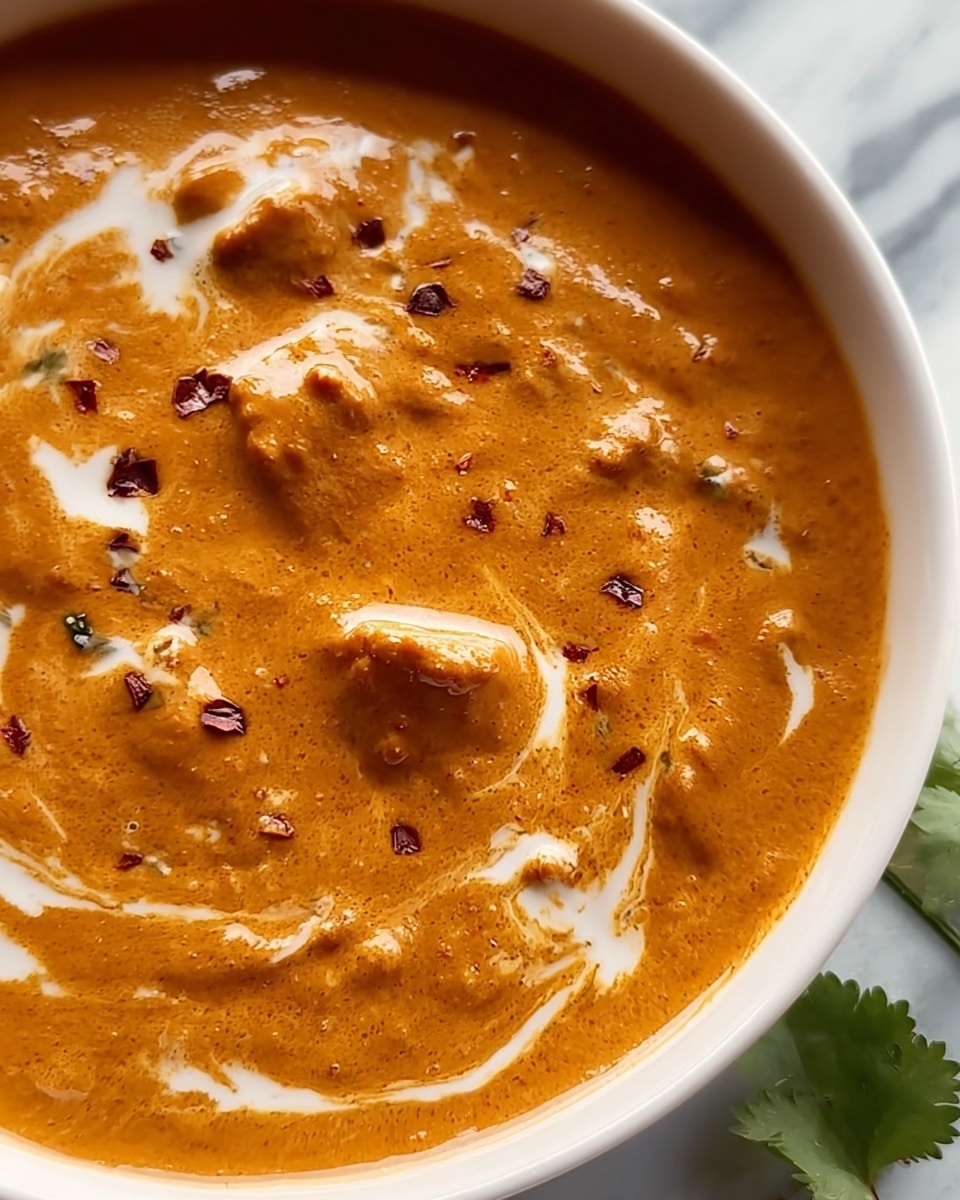 A close-up view of a bowl filled with a thick, creamy orange-brown curry sauce with soft, smooth texture and visible chunks of food inside. The surface shows swirls of white cream mixed gently into the sauce, along with scattered small red chili flakes and a single green herb leaf near the edge. The bowl is white and sits on a white marbled texture background. photo taken with an iphone --ar 4:5 --v 7